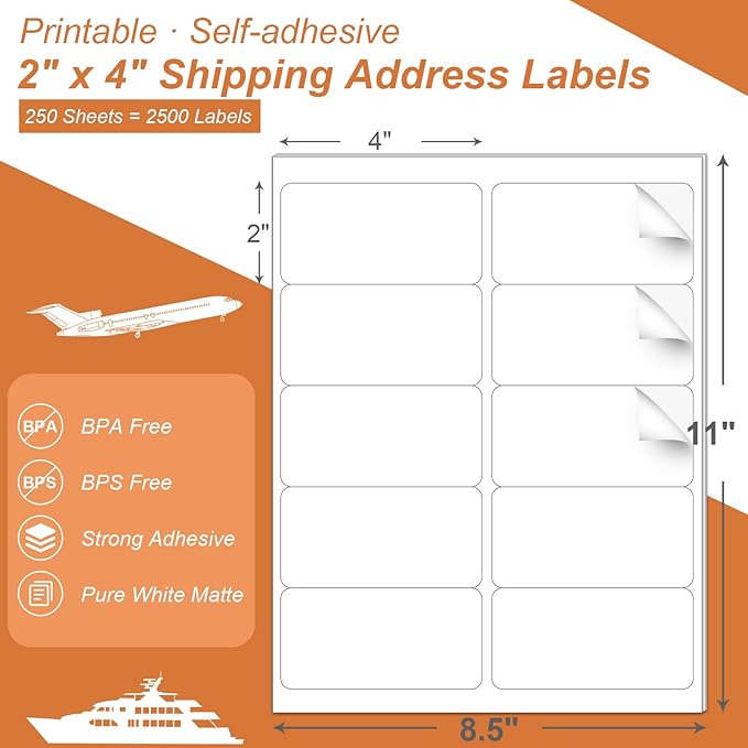 PAPRMA 2" x 4" Shipping Address Label for Laser Inkjet Printer 250 Sheets, 8.5x11 Printable Sticker 10up/Page, 5163 White Adhesive Mailing Labels for Package Envelope