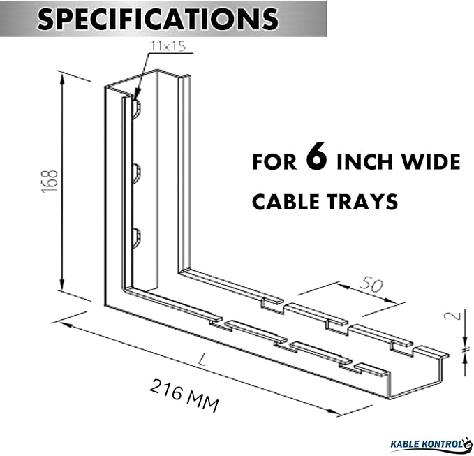 Kable Kontrol Stainless Steel L Type Bracket – 6” Width - Wire Mesh Tray Cable Management Rack Cords Organizer Cable Basket, NEC Approved for Network, Fiber Optic, Cabling Accessory