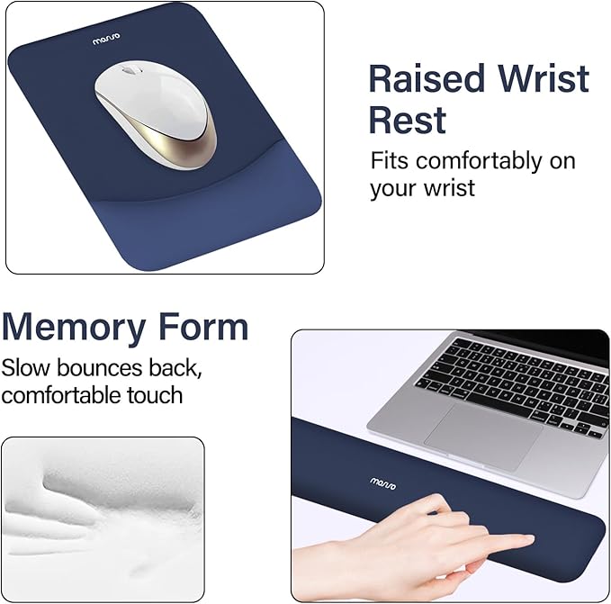 MOSISO Keyboard Mouse Pad Set, Large Gaming Mouse Pad&Rectangular Keyboard Wrist Rest&Mousepad with Wrist Rest&Coaster, Ergonomic Non-Slip&Easy Typing Pad with Curved Silicone Lining, Navy Blue