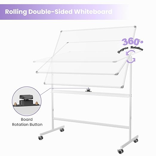 VUSIGN Rolling Dry Erase Board, 48 x 36 Inches Double-Side White Board on Wheels, Height Adjust Mobile White Boards, Large Portable Whiteboard with Stand for Office, Classroom & Home