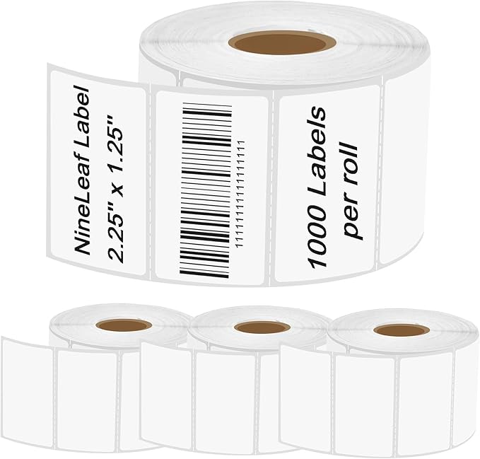 NineLeaf 4 Roll 2.25''x1.25'' Direct Thermal Label Perforated UPC Barcodes Postage Shipping Address Labels with 1000 Labels/Roll Compatible for Zebra Eltron Rollo Desktop Label Printers