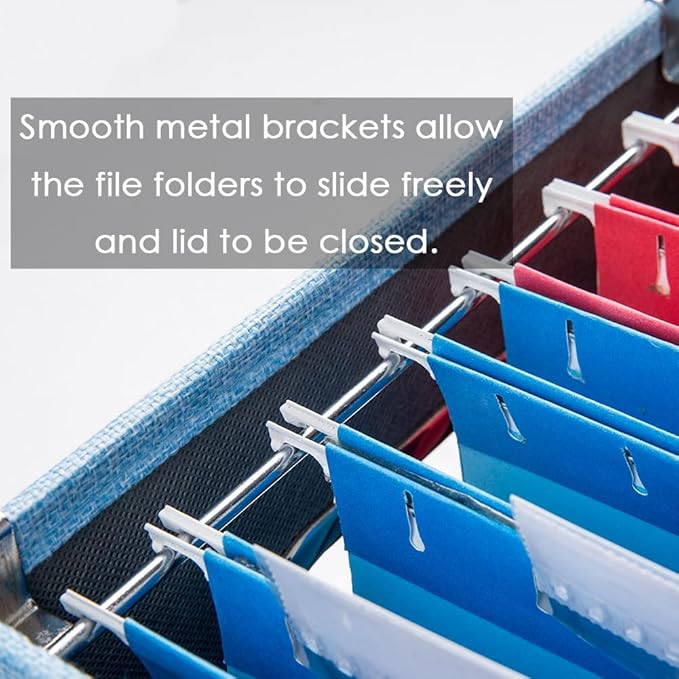 PRANDOM File Organizer Box - Set of 4 Collapsible Decorative Linen Filing Storage Hanging File Folders with Lids Office Cabinet Letter Size Blue (14x9.3x10.8 inch)