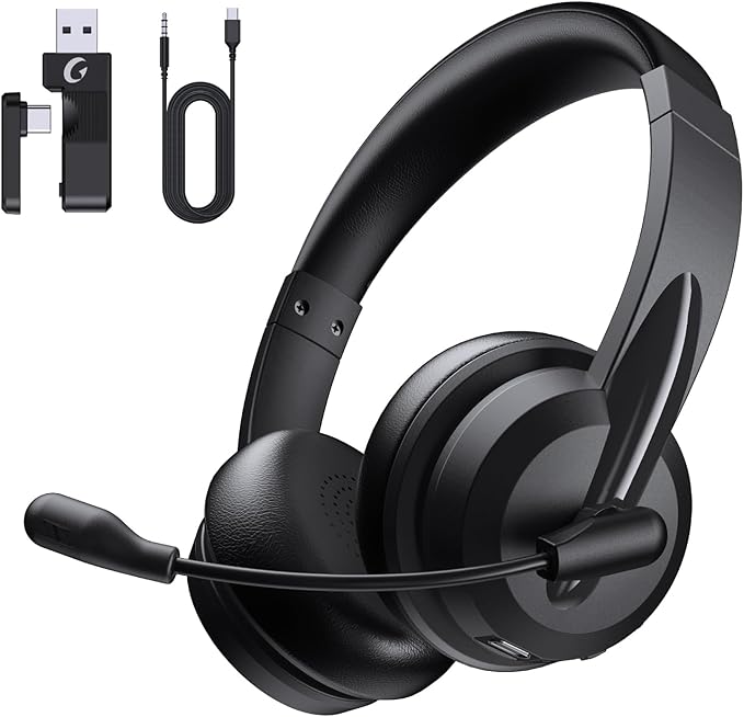 Masajoy Wireless Headset with Mic for Work with AI Noise Cancelling Mic for Clear Calls, Bluetooth V5.3 Headphones with Microphone to USB A/C Dongle & Mic Mute for Computer Laptop PC iPhone (Black)