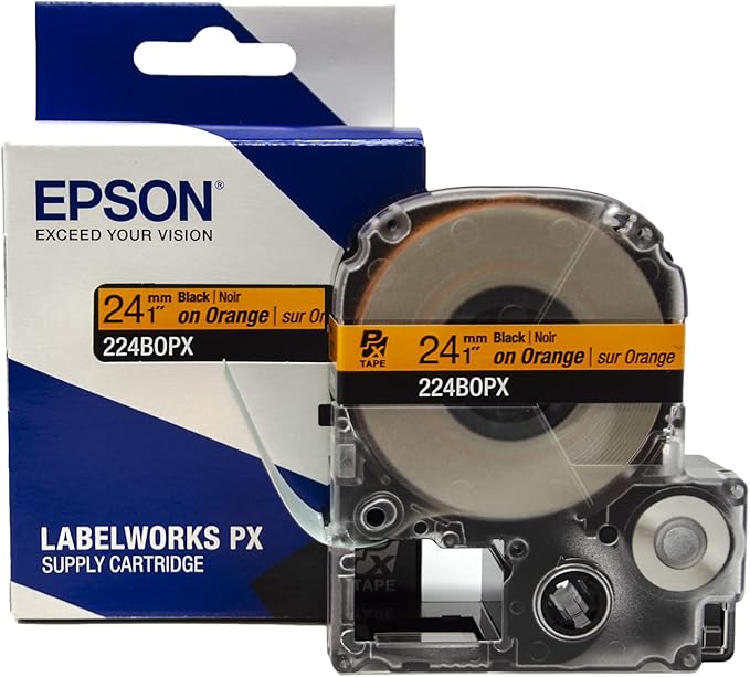 Epson LABELWORKS 224BOPX Genuine PET (Polyester) Tape Cartridge - Black on Orange Label Maker Tape - 1" (24MM) Wide, 30'