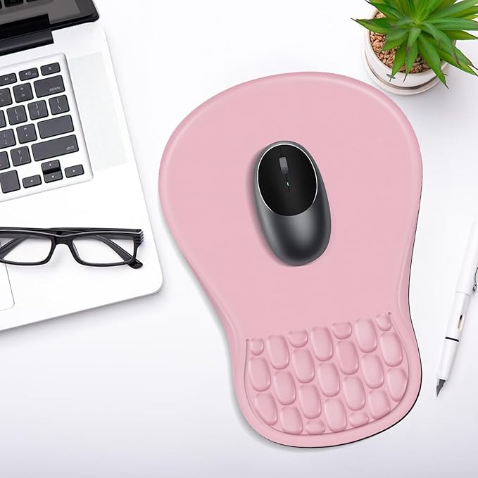 YIWEI Ergonomic Mouse Pad with Wrist Rest - Comfortable Office Mousepad with Memory Foam Wrist Support for Carpal Tunnel Relief, Mouse Pads with Non-Slip Base for Gaming and Home (Pink)