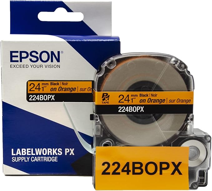 Epson LABELWORKS 224BOPX Genuine PET (Polyester) Tape Cartridge - Black on Orange Label Maker Tape - 1" (24MM) Wide, 30'