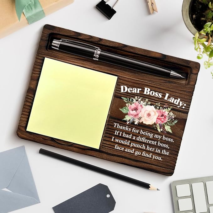 Boss Lady Office Decor Sticky Note Holder, Thank You Boss's Day Retirement Gifts for Boss Lady Floral Post It Note Dispenser for Office Desk Decor
