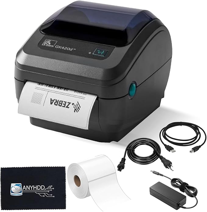Zebra GK420D Direct Thermal Label & Barcode Printer Bundle - 1 Year Warranty - Ethernet Connectivity Printer with 24V AC Adapter + 4x6 Label Roll + USB 2.0 Cable + Microfiber Cloth (Renewed)