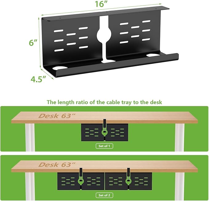 KEEGH 16'' Under Desk Cable Management Tray, Drill Free Clamp/Screws Mount, Sturdy Metal Cable Tray for Place Power Strip, Cord Management Tray Rack, Home, Office, Black