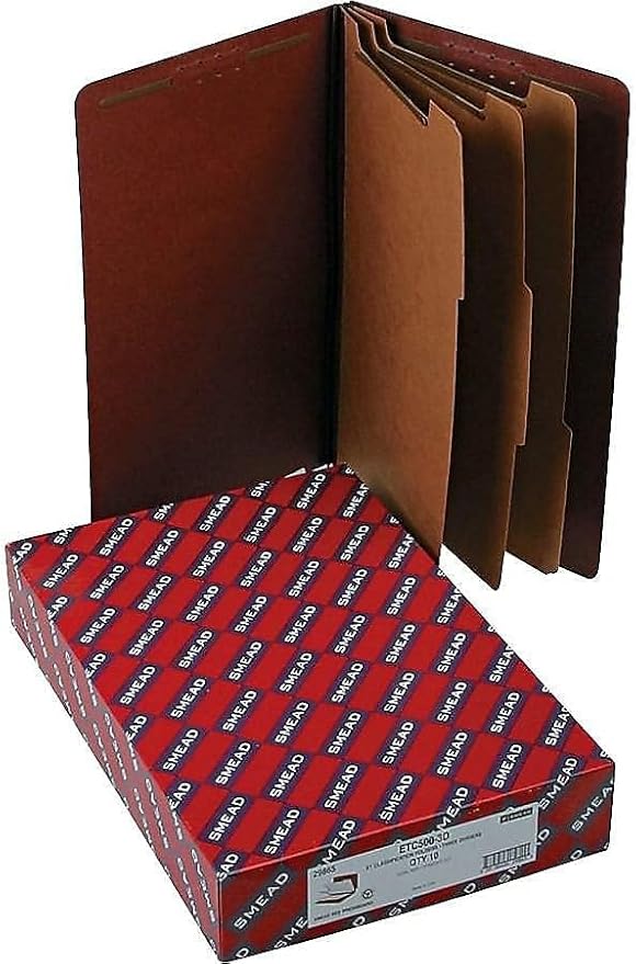 Smead 100% Recycled End Tab Pressboard Classification File Folder with SafeSHIELD Fasteners, 3 Dividers, 3" Expansion, Legal Size, Red, 10 per Box (29865)