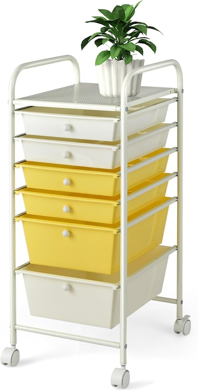 Happygrill 6-Drawer Organizer Cart Tools, Mobile Utility Storage Cart with Removable Drawers & Lockable Wheels, Rolling Storage Cart with Wheels for Home Office,Yellow