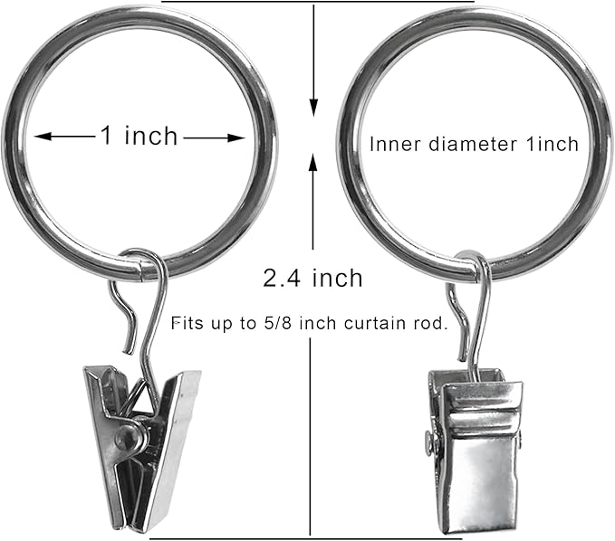 AMZSEVEN 44 Pack Metal Curtain Rings with Clips, Drapery Clips with Rings, Drapes Rings 1 inch Inner Diameter, Fits Diameter 5/8 inch Curtain Rods, Silver