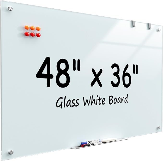 MaxGear Glass Whiteboard Wall Mounted, Frameless Magnetic Dry Erase Board, Tempered Glass, Steel-Backed, Non-Porous Smooth Surface, Floating Design, Accessories Included, for Office Home Classroom