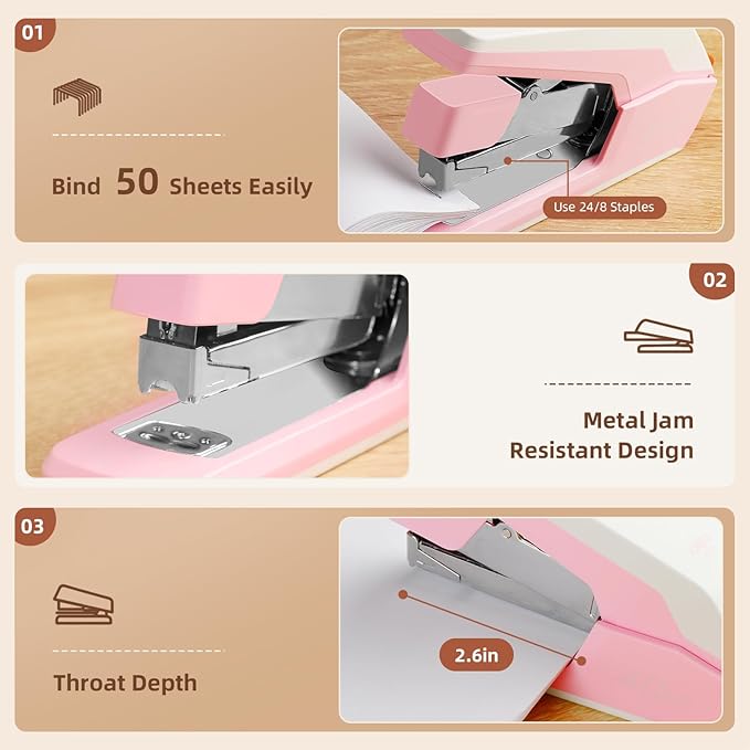Deli Effortless Desktop Stapler, Heavy Duty Stapler, 40-50 Sheet Capacity, One Finger, No Effort, Includes 1500 Staples & Staple Remover, Pink