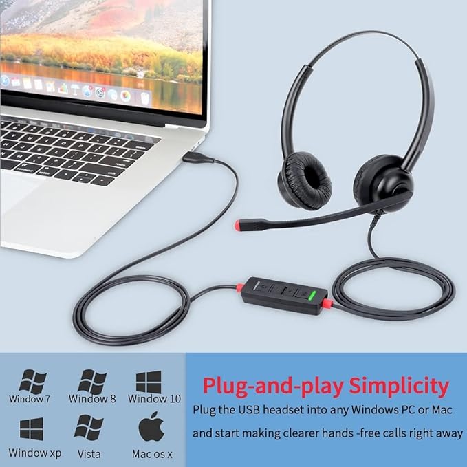USB Headset with Mic for PC Computer Laptop Headphones with Noise Cancelling Microphone in-line Control for Home Office Online Class Teams Zoom