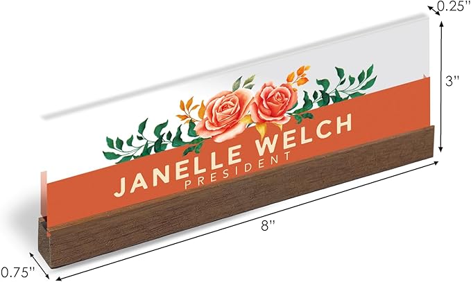 Artblox Office Personalized Name Plate for Desk with Business Card Holder On Clear Acrylic Glass Orange Roses Design Custom Desk Name Plate with Your Name and Credentials Customized Gift
