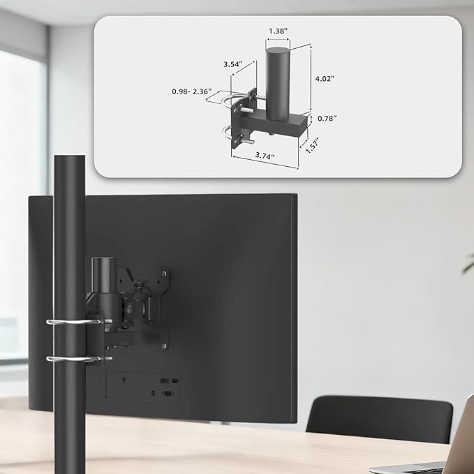 No Drill Monitor Arm Wall Mount - Clamp-on Adjustable Desk Mount for Round & Square Tubes, VESA Compatible Computer Screen Mounting Bracket for Office, Study, Hospital, Bedroom