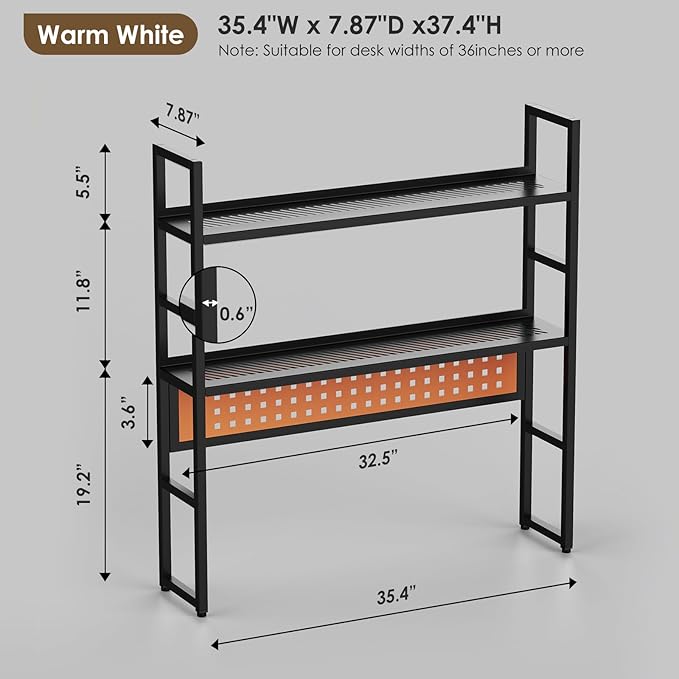 Desk Shelf, 35.43" Desk Hutch Bookshelf, Desktop Shelf with Pegboard for Computer Monitor, Metal Desktop Hutch Storage Organizer for Dorm Home Office, 2 Tier Bookcase, Black