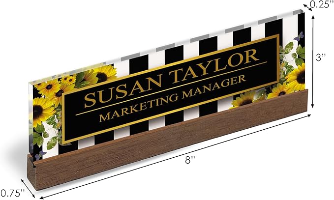 Artblox Office Personalized Name Plate for Desk with Business Card Holder On Clear Acrylic Glass Sunflower Flowers Design Custom Desk Name Plate with Your Name and Credentials Customized Gift