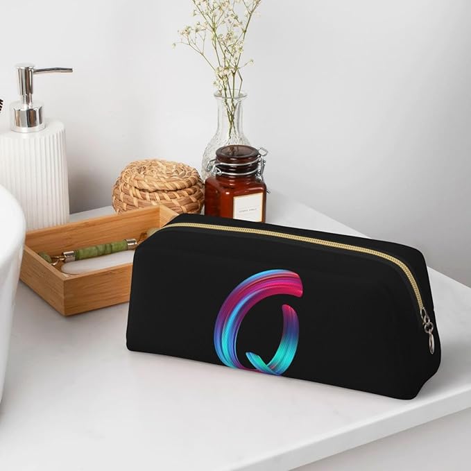 Cute Initial Pencil Case for Kids Simple Leather Pencil Pouch for Boys Girls Letter Design Pencil Box Pen Bag Pencil Pouch Office Stationery Organizer, Rainbow Letter Q