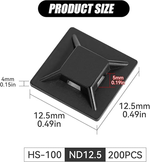 200Pcs Adhesive Zip Tie Mount, 1/2in Black Cable Tie Mount, Plastic Zip Tie Mounting Squares, Sturdy Zip Tie Sticky Mounting Pads for Cable Organizer (Black, 1/2"-200pcs)
