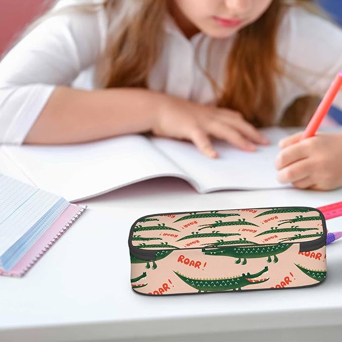 Crocodiles Pencil Bag Cute Cartoon Animal Roar Green Big Capacity Pencil Case Pencil Pouch Pen Bag for Teen Men Women