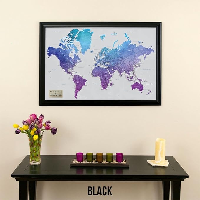 Personalized Vibrant Violet Watercolor World Travel Map with Black Frame