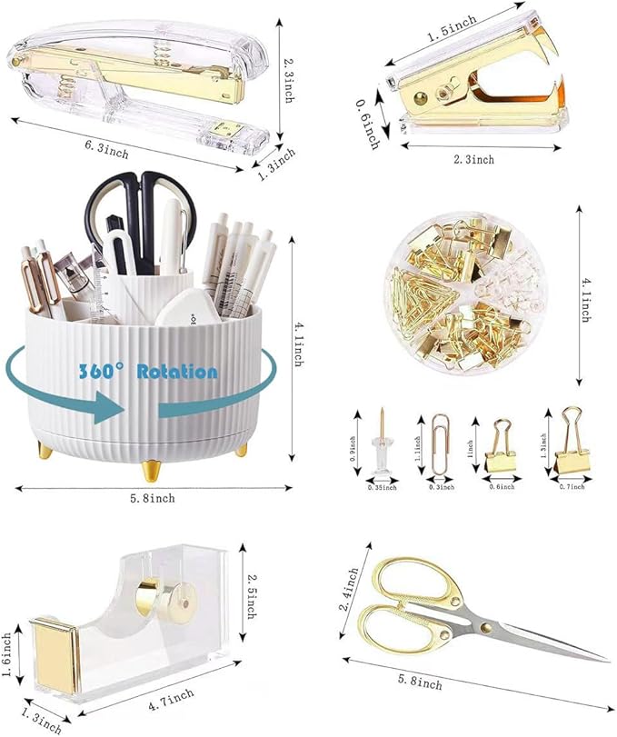 Desk Organizers and Accessories Set with 360-Degree Rotating Pen Holder, Acrylic Stapler, Tape Holder, Staple Remover, Binder/Paper Clips Kit, Scissor and 1 Box of Staples