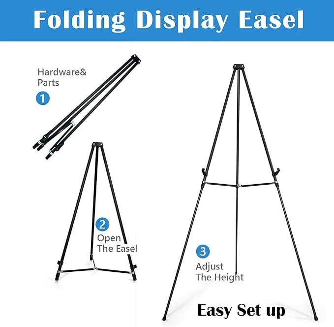 Falling in Art 66" High Black Aluminum Display Easel Stand, Large Adjustable Height Presentation Stand, Portable Tripod Holding Signs, Posters, and Whiteboards Up to 25lbs