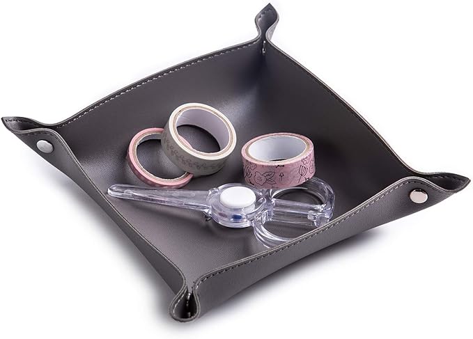 SANQIANWAN Leather Jewelry Valet Tray for Women and Man, Portable Entryway Table Tray Bedside Nightstand Desk Tray Small Catchall Travel Dish Plate for Key,Wallet,Watch,Coin (Deep Grey-B)