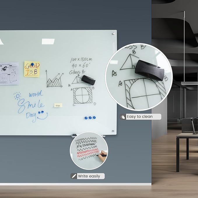 Magnetic Glass Dry Erase White Board Whiteboard Glass Writeboard 40"x60" Tempered Glass Dry Erase Board Wall Mounted Frameless Writing GlassBoard for Office School Home (White)