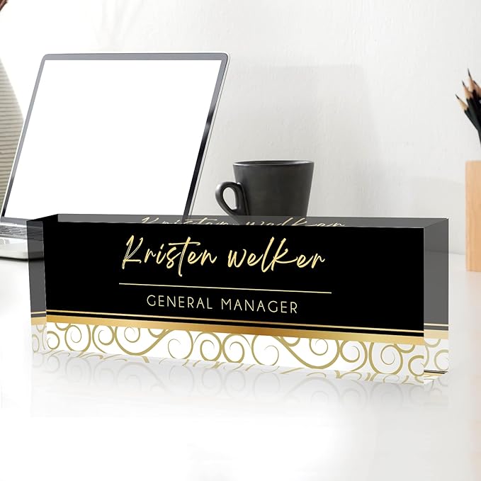 Custom Name Plate for Desk, Desk Name Plate Personalized, Office Decor for Women Men, Acrylic Desktop Accessories, Office Gifts for Coworkers Boss Teacher, Employee Appreciation Gifts (Black/Gold)