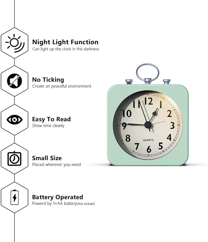 AYRELY® Battery Operated Alarm Clock with Square Metal Case,No Ticking Analog Quartz, Simple Operation for Bedroom/Travel/Desk/Kids(Green)