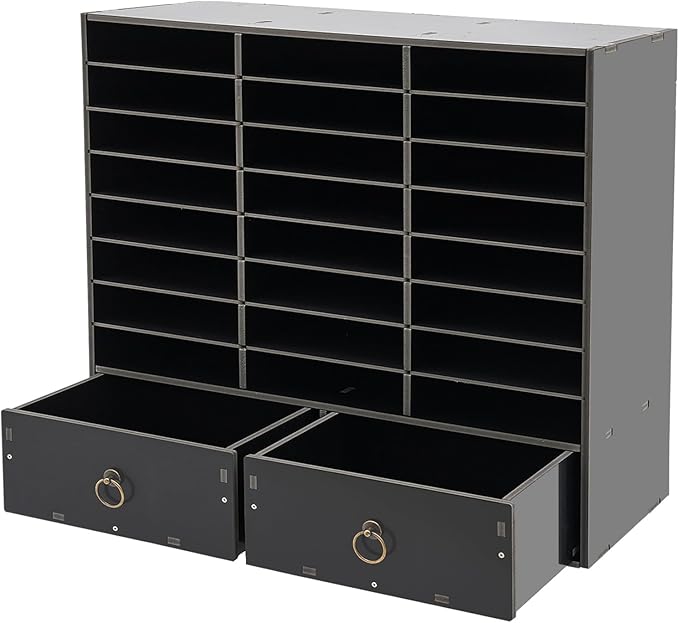 DYRABREST 24 Compartments Literature Organizer with 2 Drawers, Adjustable Desktop File Sorter Mail Center Paper Storage Cabinet with Adjustable Shelves for Home Office