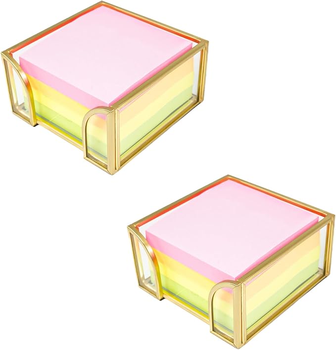 2 Pack Sticky Note Holder Glass Post It Note Dispenser,3 x 3 Inch Gold Sticky Note Dispenser,Stylish Post It Holder for Desk Home Office Decor