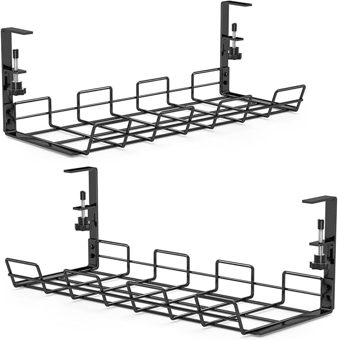No Drill Under Desk Cable/Wire Management Tray, 2 Pack Sturdy Alloy Steel Wire Organizer Under Desk Basket for Office and Home Standing Desk