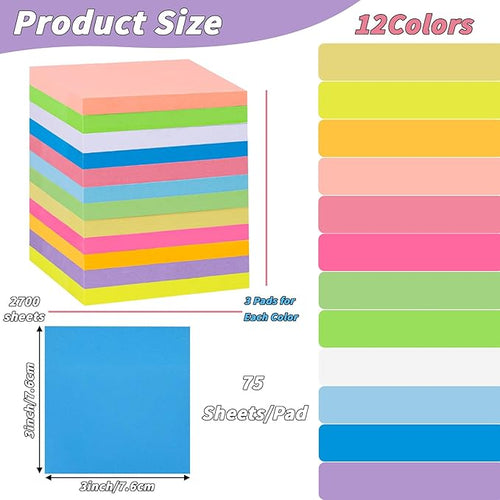 36 PCS Sticky Notes Bulk 3x3 Inch Colorful Sticky Notes 75 Sheets/Pad 12 Colors, Adhesive Sticking Self-Stick Multicolor Memo Note Pads for Teacher Student School Office Meeting Blank Desk Pads