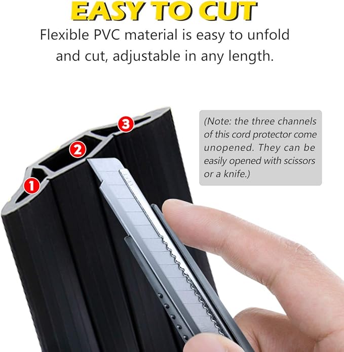 10Ft Cord Covers for Wires on Floor, 3-Channel Floor Cord Cover with Anti-Slip Base & Yellow Warning Strips, Extension Cord Covers for Floor, Ideal for Home, Office, Outdoor Use