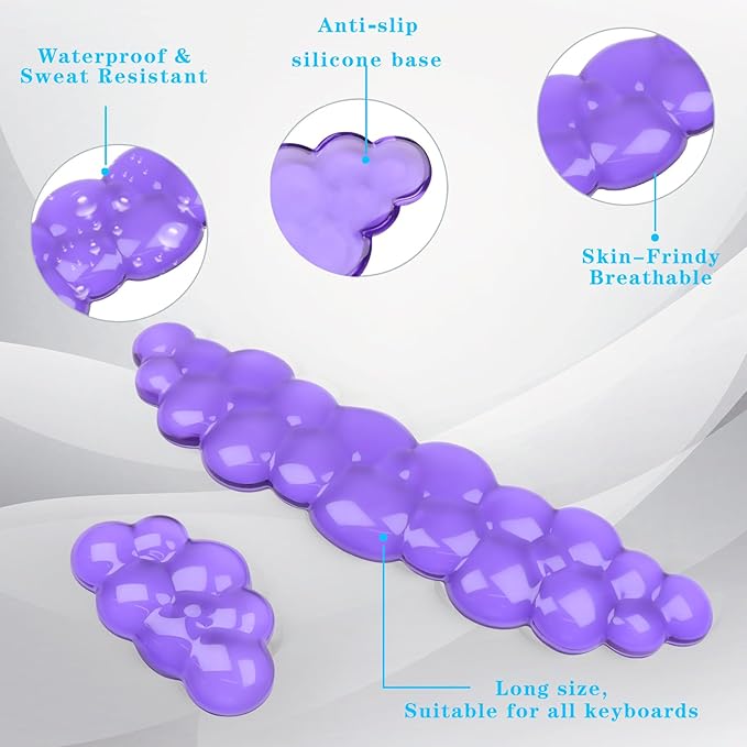 Gel Cloud Keyboard and Mouse Wrist Rest, Cute Wrist Support and Arm Support Keyboard Rest for Keyboard and Mouse Typing Pain Relief，Suitable for Office/Computer/Laptop/Gaming (Transparent Purple Set)