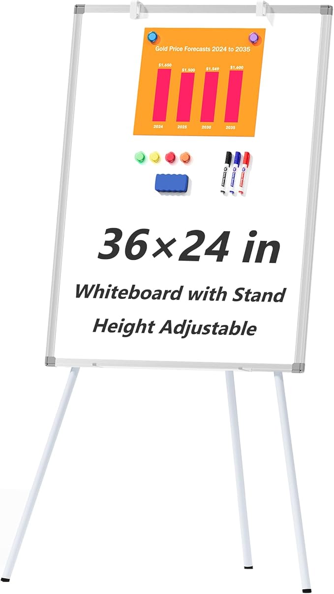 Easel White Board with Stand, 36" x 24" Magnetic Portable Dry Erase Whiteboard, 3' x 2' Tripod Height Adjustable Flip Chart Standing Easel for Office or Teaching Kids at Home & Classroom, Silver