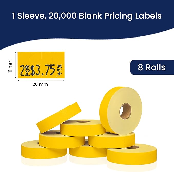 Perco Yellow Pricing Labels for Monarch 1131 Price Gun - 1 Sleeve, 8 Rolls, 20,000 Price Marking Labels - with Ink Roll Included
