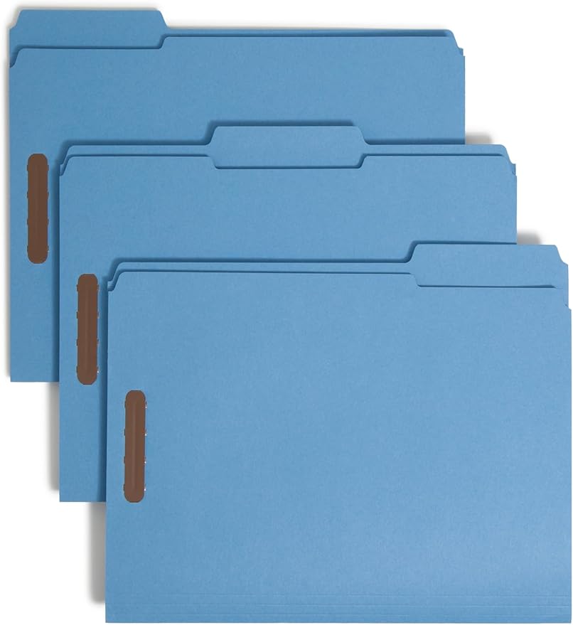 Smead Fastener File Folders, Reinforced 1/3-Cut Tabs, 2 Fasteners, Letter Size, Blue, 50 per Box (12040)