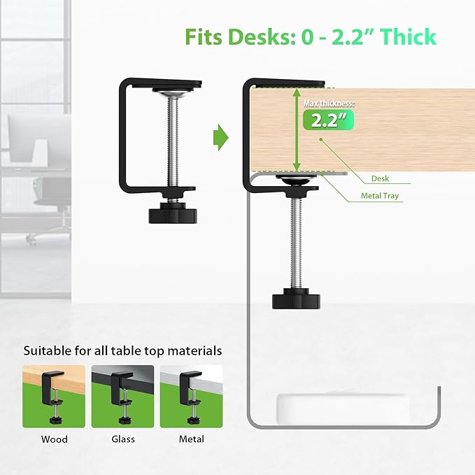 KEEGH 16'' Under Desk Cable Management Tray, Drill Free Clamp/Screws Mount, Sturdy Metal Cable Tray for Place Power Strip, Cord Management Tray Rack, Home, Office, Black