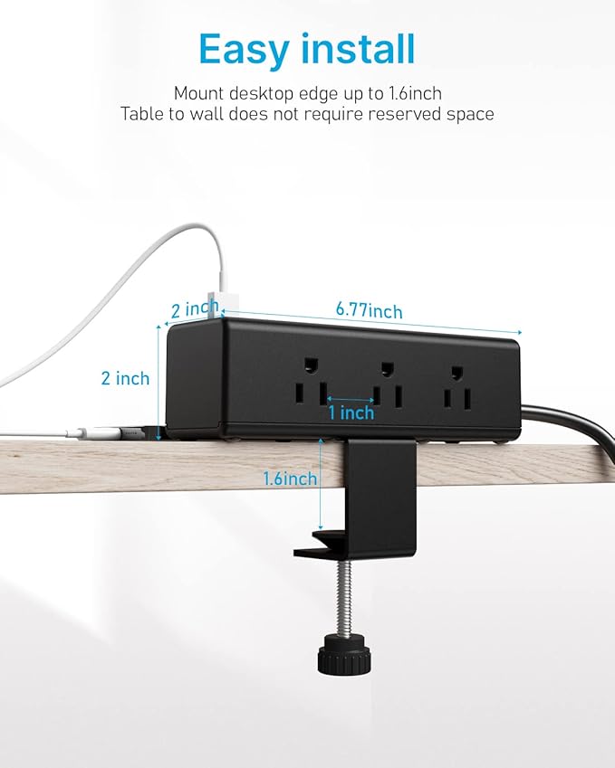 CCCEI Desk Clamp Power Strip with 9 Outlets, Desktop Edge Mount Surge Protector with USB-A and USB-C Ports, Widely Spaced Desk Outlet Fast Charging Station, 4 FT Flat Plug, Fit 1.6 inch Table.