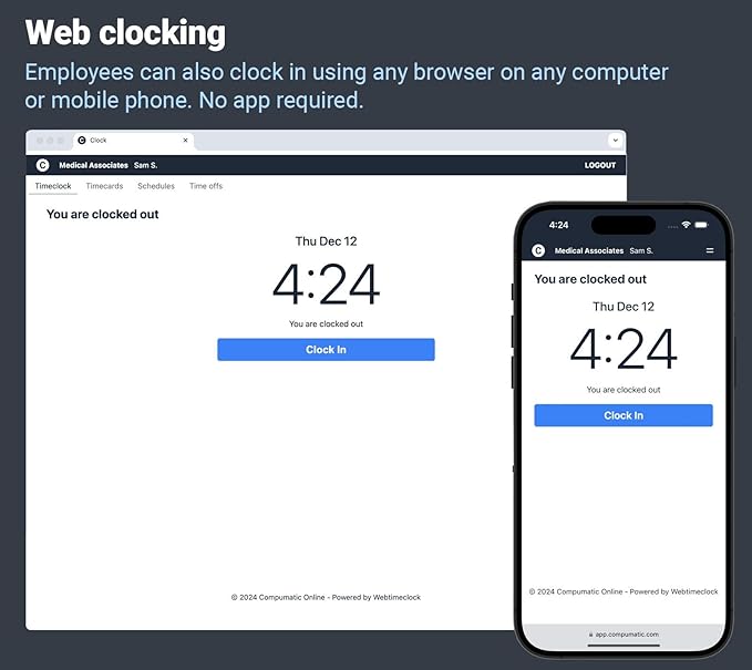 COMPUMATIC PIN Entry and RFID Time Clock with Online Cloud Hosted Software, Automatic Real-Time Punch Upload with WiFi or Wired Ethernet Connection