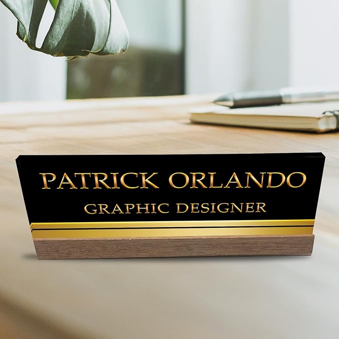 Artblox Personalized Office Desk Name Plate With Business Card Holder | Clear Acrylic Glass with Teak Wood Stand | Black Gold Stripe Design Customized with Your Name and Credentials Office Desk Décor