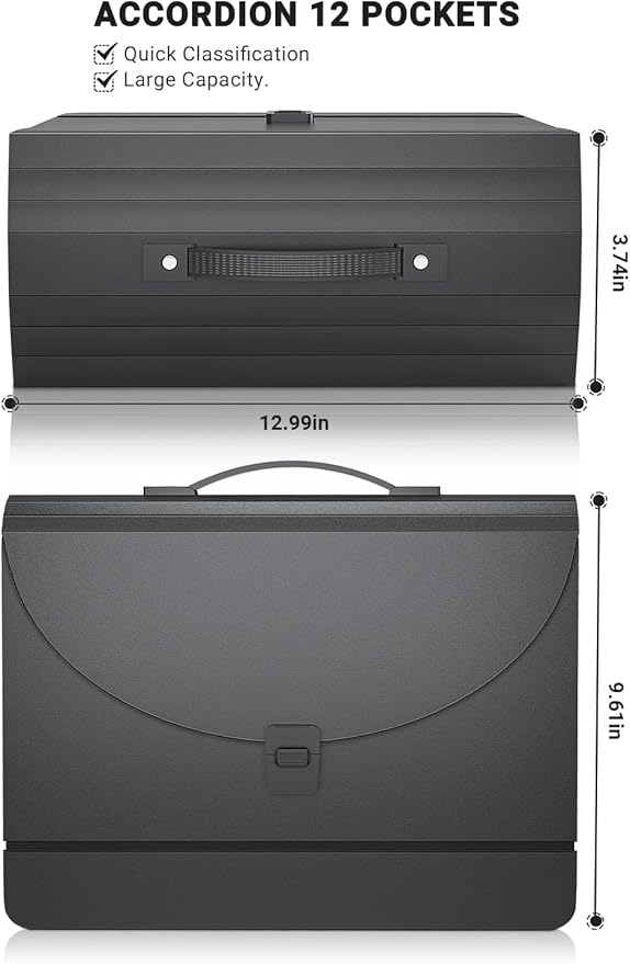 Accordion File Organizer/Expanding File Folder with Handle,13 Pockets Filing Box,Perfect for Desk top Stand/Portabe Document Paper Organizer,A4/Letter Size,Colored Monthly/Blank Tabs,Black Matte