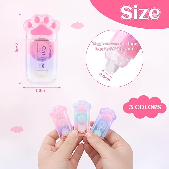Kogcmeetl 3 Pack White Out Correction Tape, Cute Mini Correction Tape, Kawaii Cat Paw White Out Tape for Cat Lovers Students and School Office Supplies
