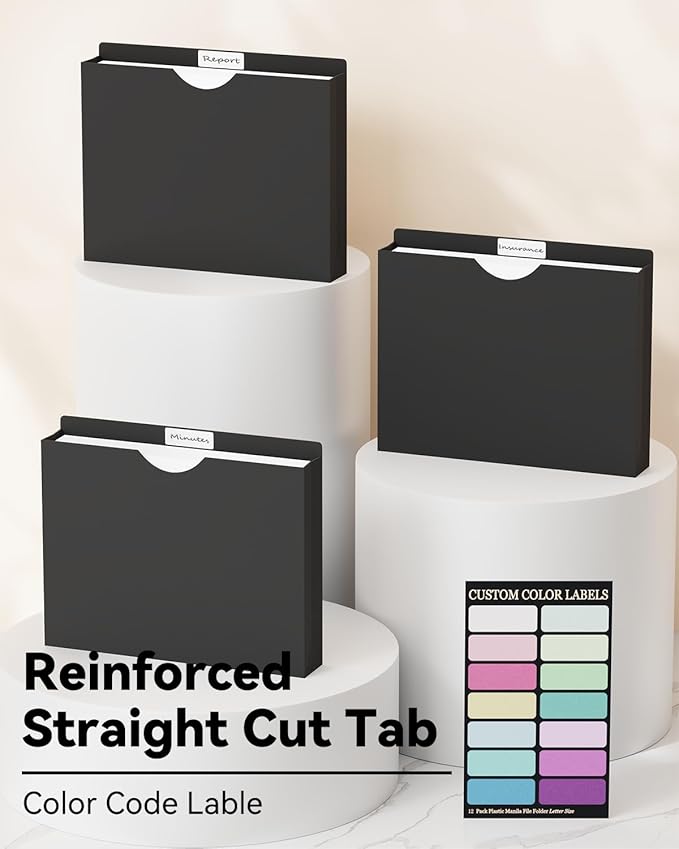 ANSOOK 2 Inch File Jackets & File Pockets,12 Pack Plastic Manila File Folders Letter Size, Heavy Duty Expandable Manile File Jackets, Reinforced Straight Cut Tab,Expanding File Jacket Folders