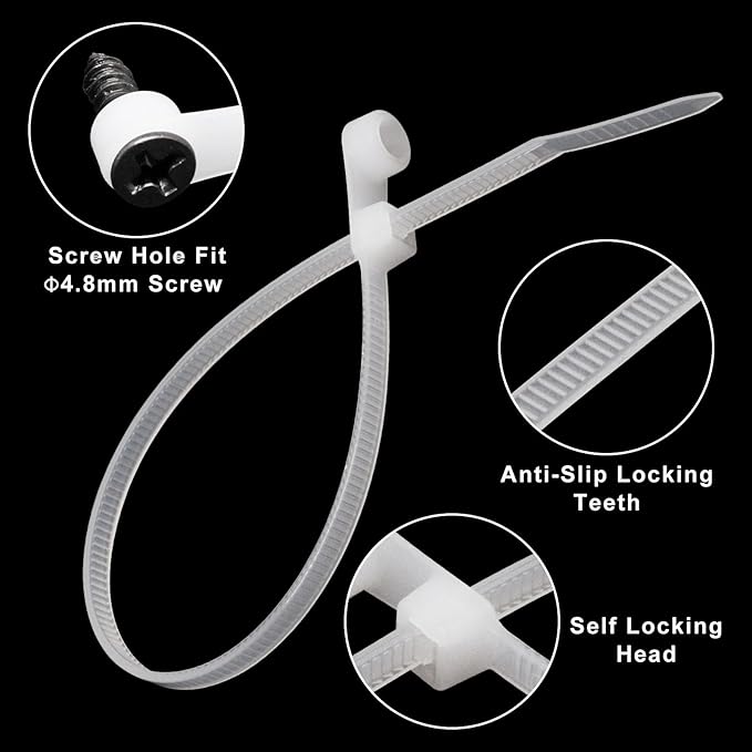 Zip Ties with Screw Hole 8 inch, 150 Pcs Mountable head Cable Tie Multipurpose Heavy Duty Nylon Zip Tie for Indoor and Outdoor (8 inch -White)